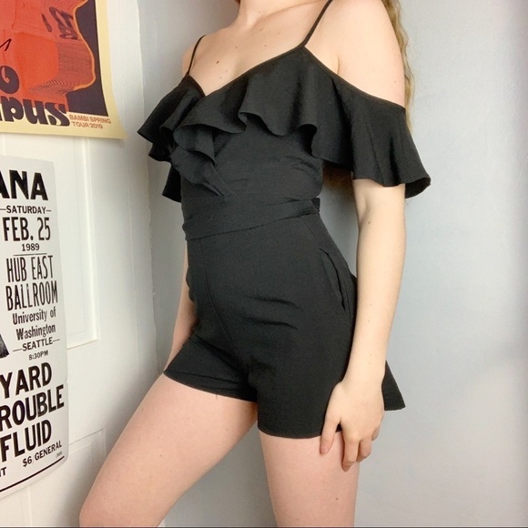 Francescas Black Cold Shoulder Ruffle Romper - Picture 1 of 7